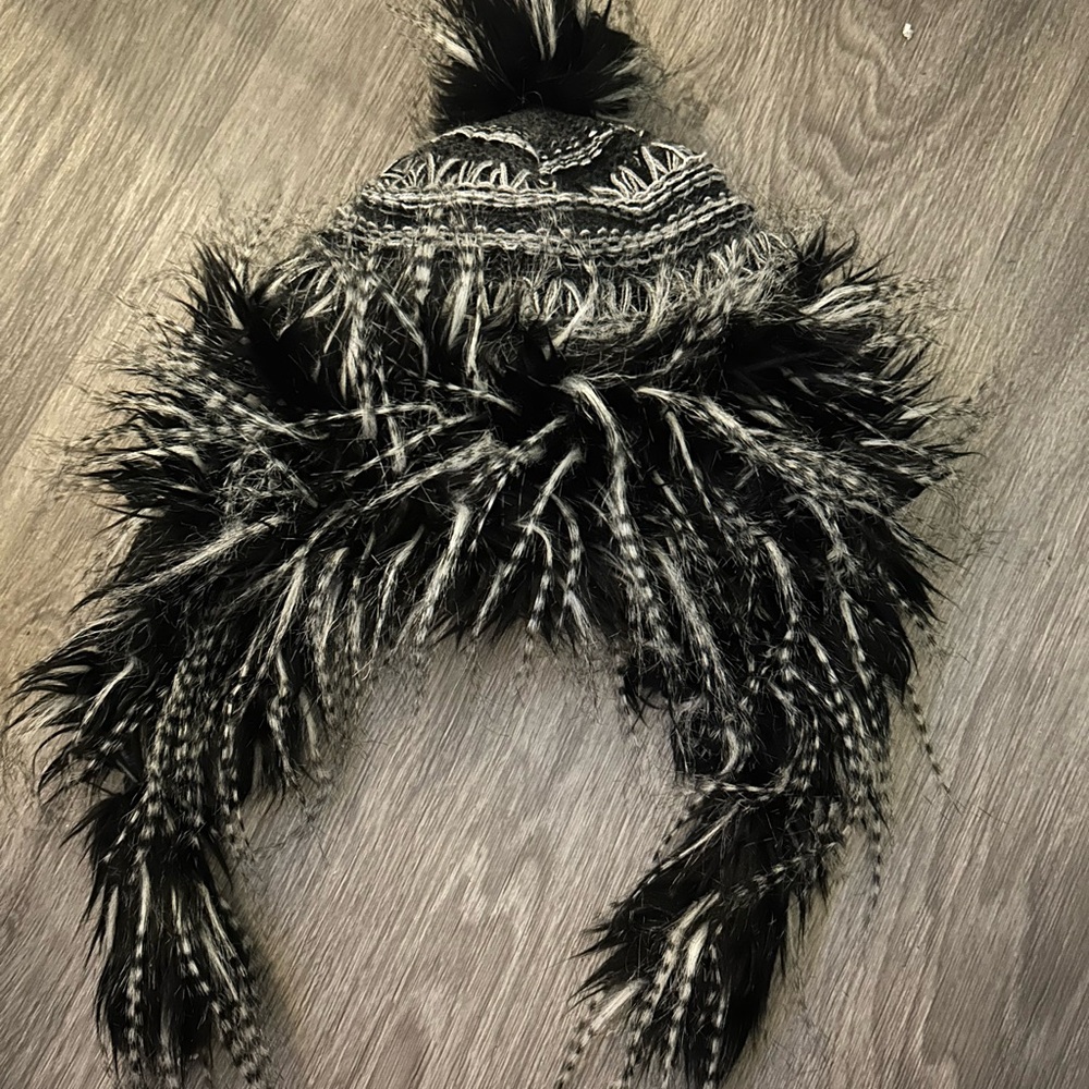 Black and Gray Furry Winter Hat
